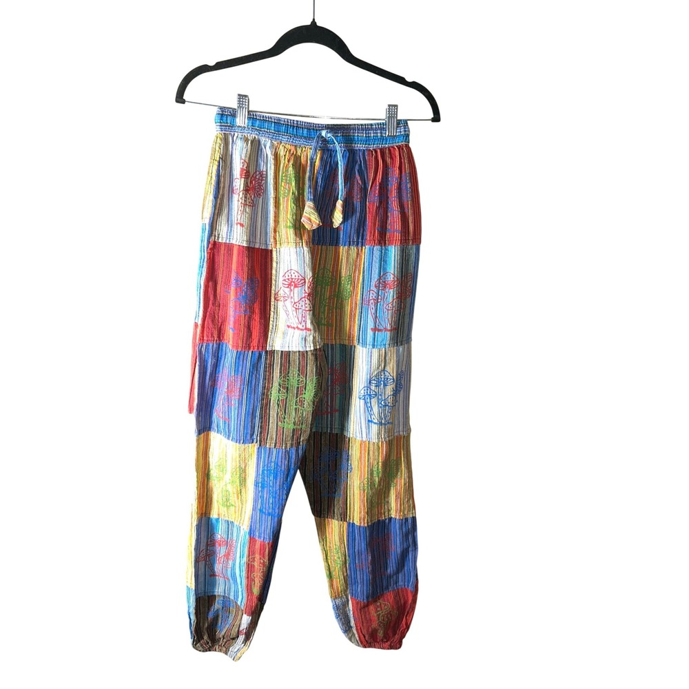 Boho / Hippie SPatchwork Mushroom Print Harem Pants Elastic‎ Waist Drawstring